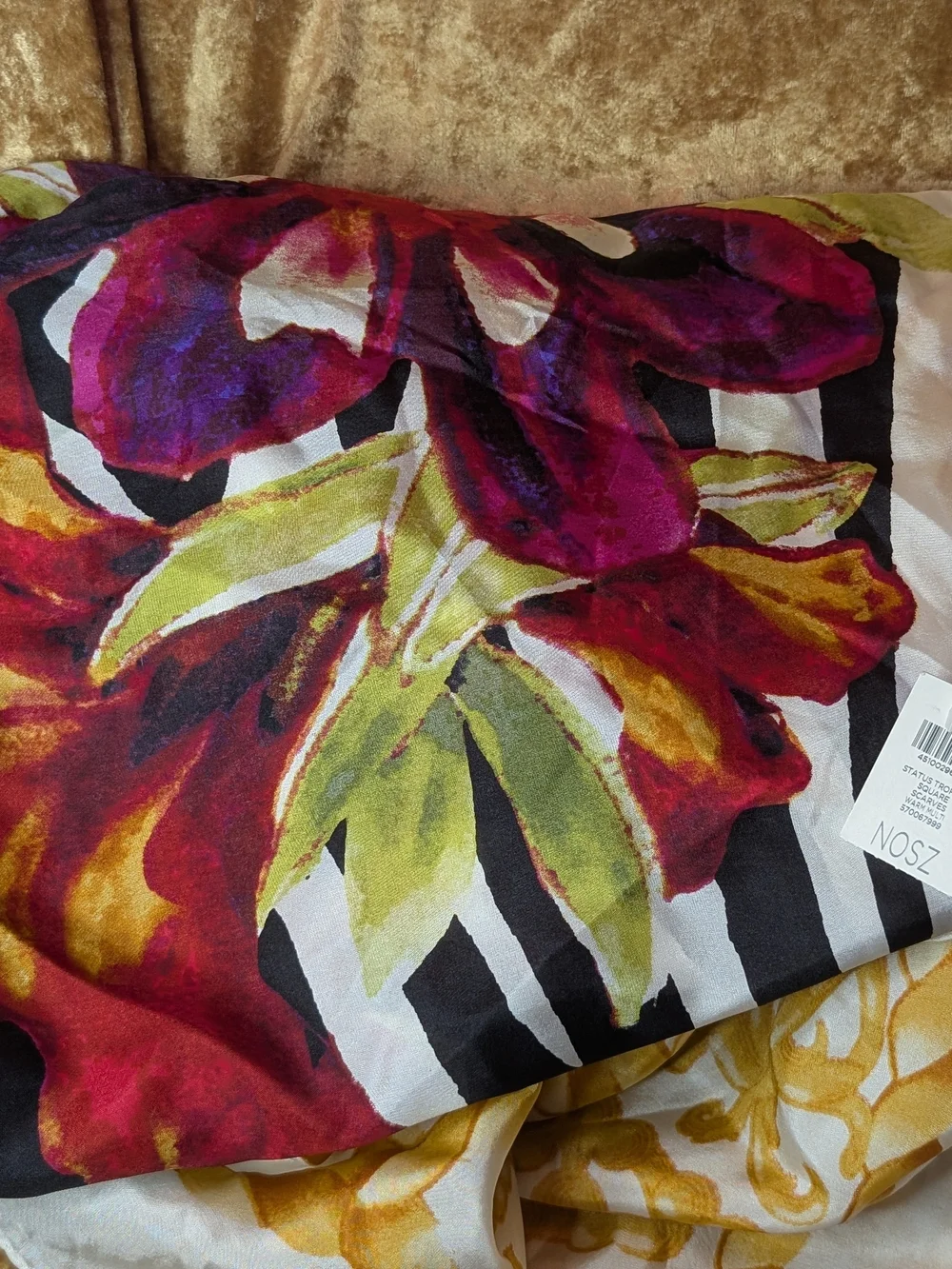 Chico's Floral & Zebra Border Scarf in Black, White, Red, Purple, Green